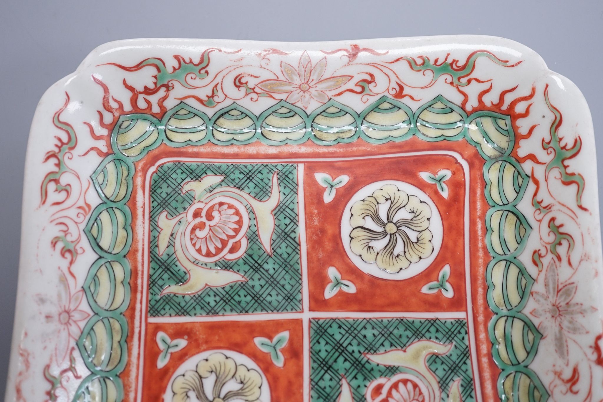 A Japanese Edo period Ko-Imari square polychrome dish, late 17th century 18cm